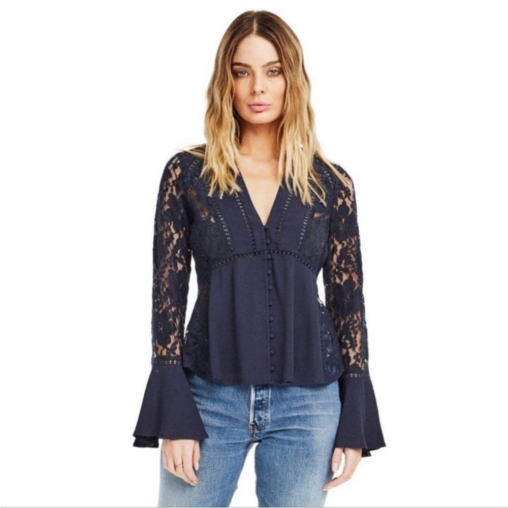 ASTR THE LABEL Hallie Lace Crochet Panels Bell Sleeve Button Blouse Sz‎ Med Goth
